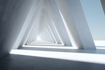 Perspective view of a long white corridor with triangular architectural supports. Light from the end highlights the geometric design.