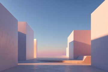 Architectural Minimalism: stark geometry softened by the pastel glow of dawn, a peaceful urban scene.