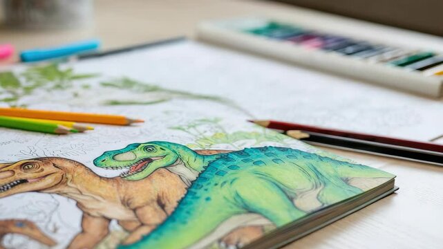 Dinosaur coloring book with pencils and watercolors on table