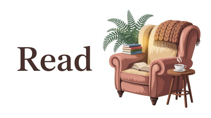 Cozy armchair draped with a warm blanket, open book inviting reading, stack of books, houseplant, and hot coffee cup on a small table, all on a transparent background