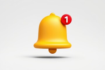 3D Notification Bell Icon with Red Alert Badge, Yellow Bell on White Background, Minimalist UI Element, Modern App Notification Symbol