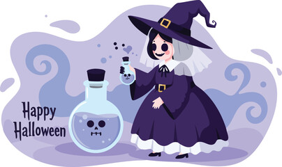 Cute little witch character holding potion bottle with spooky Halloween theme vector illustration in purple tones 