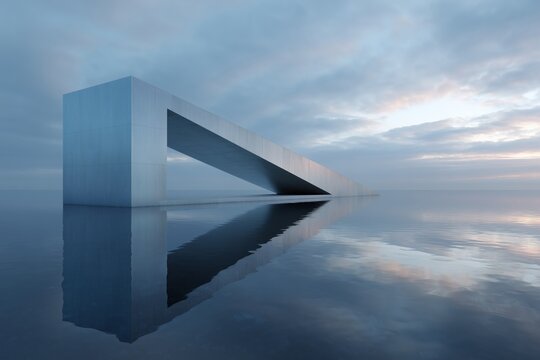 Geometric Structure: An abstract building with a triangle-shaped passageway rises from the calm water, mirroring the cloudy sky above.