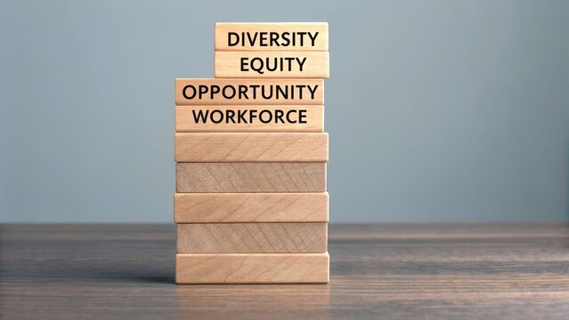 Empowering Inclusive Workforce through Skill Development Programs, Colorful wooden blocks stacked with words representing diversity and equity concepts.