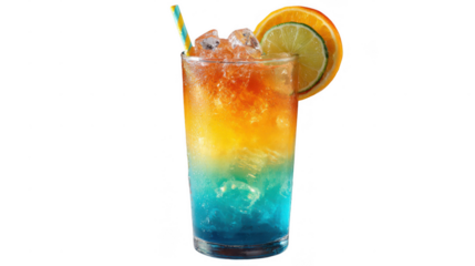 Vibrant layers of colorful liquids blend together in a tall glass filled with ice, adorned with a straw and citrus slices, creating a refreshing summer cocktail against a transparent background
