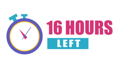Stopwatch clock icon. Countdown sixteen hours. Bold 16 hours left. Vector timer illustration.