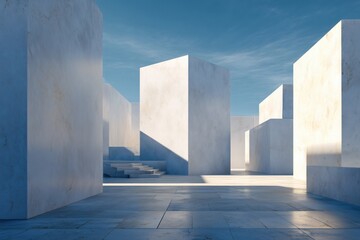 White abstract architectural forms under a pale blue sky, creating a clean, minimalist outdoor space with strong light and shadows.