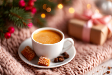 Fototapeta premium Festive morning coffee with Christmas gift and warm ambiance