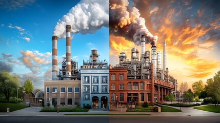 Industrial transformation showcase factory setting photography urban environment aesthetic comparison sustainability concept