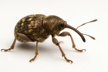 Hazelnut weevil walking on white background