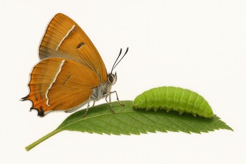 Obraz premium Brown hairstreak butterfly and larva sharing a green leaf on a white background