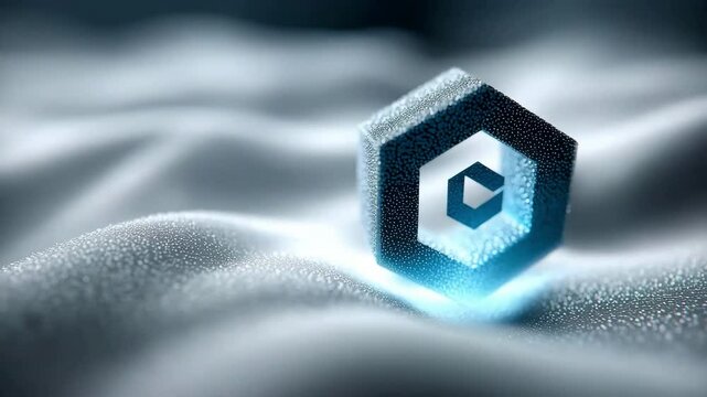 Digital hexagonal 3D logo with frosted edges hovering over smooth metallic surface, glowing with cyan core. Orbiting around the object with low depth of field.