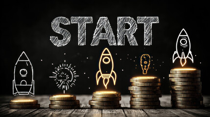 Crowdfunding and seed capital are essential for startup funding and finance growth shown by rocket icons stacked coins symbolizing progress.