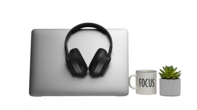 Wireless headphones are lying on top of a silver laptop computer next to a mug with the word focus on it and a small potted plant, all on a transparent background - Powered by Adobe