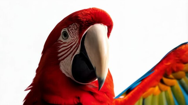 Striking close-up shot of a vibrant scarlet macaw parrot with red feathers and prominent beak against a bright white background.
