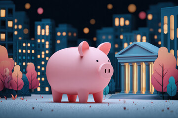 Pink piggy bank stands near classical building symbolizing finance and capital city night, representing startup funding and crowdfunding success.