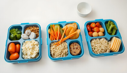 Colorful lunchboxes filled with nutritious meals arranged neatly on a clean white table. Fresh and wholesome food delivery options., vibrant. isolated with white highlights