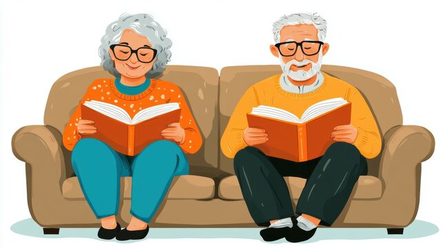 Senior couple relaxing on a couch, reading books.  A happy, elderly couple sits comfortably on a beige couch, engrossed in reading open books