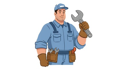Cartoon Handyman Holding Wrench Ready for Repair Work