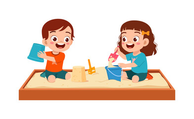 Happy kids playing in the sandbox with toys on a sunny day, cartoon illustration