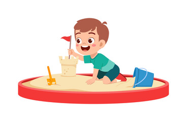 Happy Little Boy Building Sandcastle in Sandbox with Bucket and Shovel Illustration