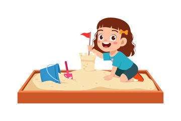 Happy Little Girl Building Sandcastle in Sandbox with Bucket and Shovel Illustration