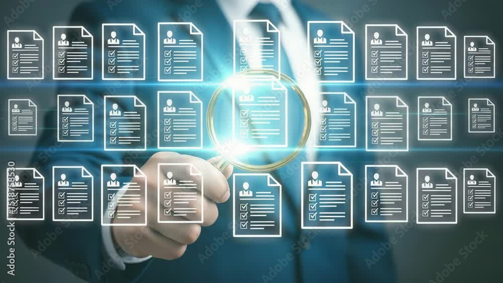 Poster man in suit holding magnifying glass over resume icons in a row for job search and hiring process