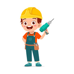 Fototapeta premium Happy Little Boy Construction Worker Holding a Drill with Smile on White Background Cartoon