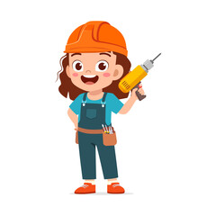 Fototapeta premium Happy Cartoon Girl Holding Electric Drill Wearing a Hard Hat and Overalls Uniform