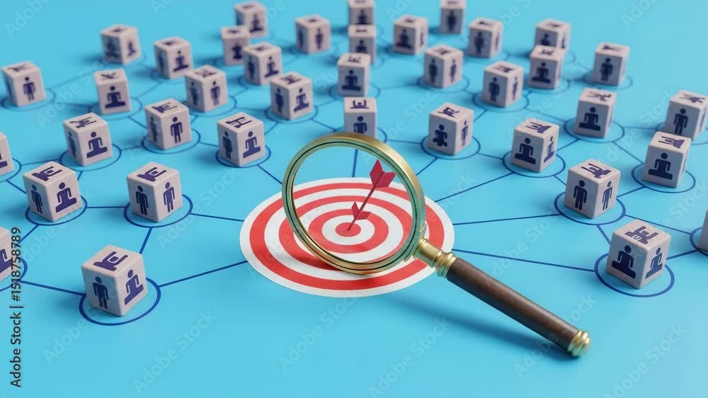 Poster network of cubes with people icons connected to a target viewed through a magnifying glass on blue