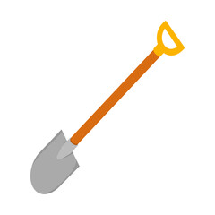 Illustration of shovel with grey blade, brown handle and yellow grip on a white background