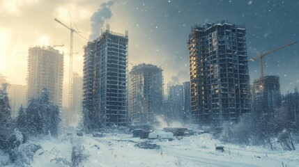 Winter construction site landscape with snow falling and buildings under progress