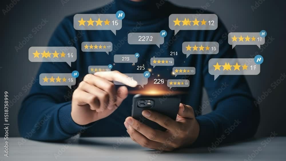 Poster A person holding a phone with rating stars and numbers floating around the device in a dark room