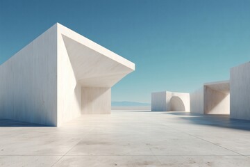 Abstract concrete structures under a clear blue sky create a serene and minimalist architectural landscape with modern design elements.