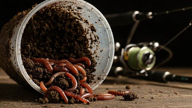 Fishing worms in plastic container on wooden table near fishing rod. Red wigglers earthworms are popular fishing bait. High quality image of fishing worms for fishing magazines, websites, or blog.
