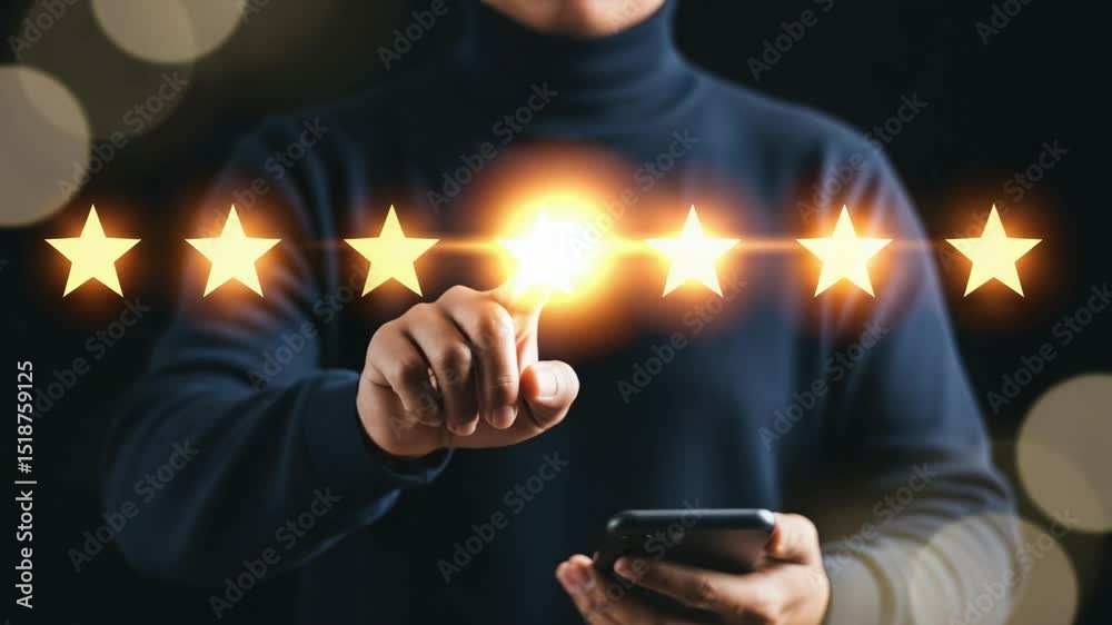 Poster Person pointing at glowing stars above a smartphone in a dark setting with bokeh lights around