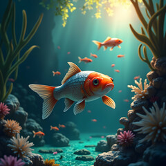 Fototapeta premium Swimming Fish Underwater with Coral Reefs in Vibrant Oceanic Scene