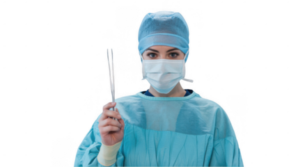 Female surgeon wearing a surgical mask, cap, and gown, skillfully holding surgical forceps against a transparent background, exemplifying professionalism in the operating room