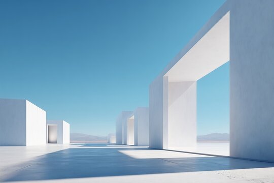 Minimalist Architecture: Series of clean, white geometric structures under a clear blue sky, showcasing simple elegance and serene design.