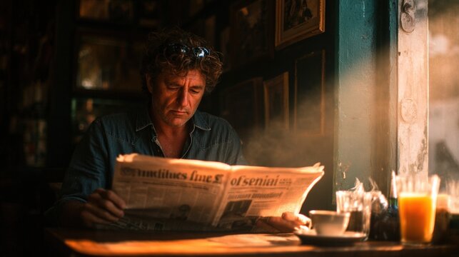 A man engrossed in reading a newspaper at a caf?