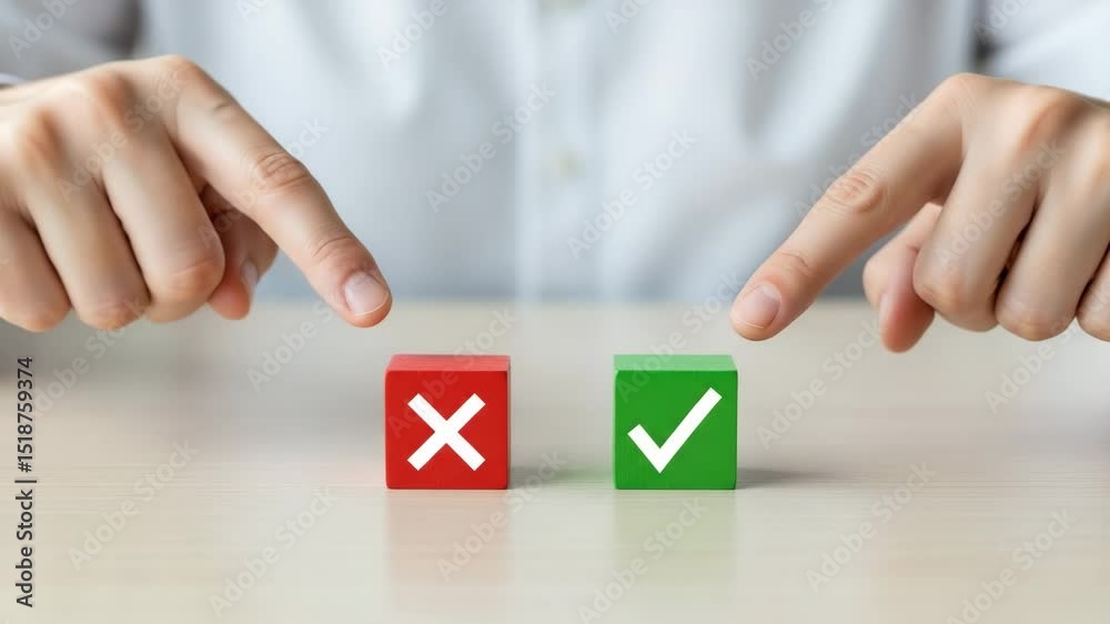 Aufkleber person pointing fingers at red x and green check mark blocks on a light brown surface top down view