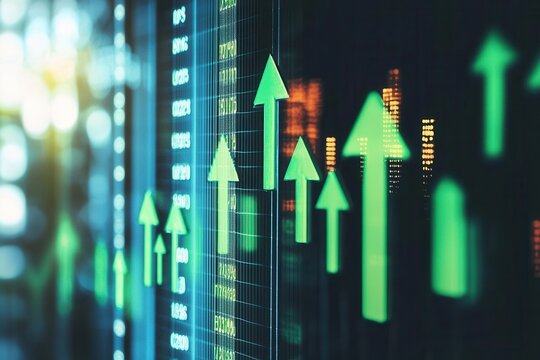 Abstract representation of financial growth with green arrows and data charts in a digital environment