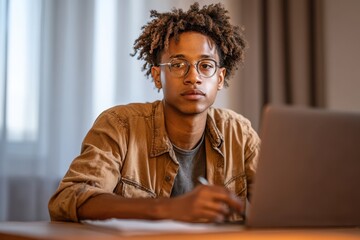 Jovem brasileiro estudando e trabalhando em casa com notebook, representando trabalho remoto, educação online e cursos digitais no Brasil