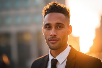 Fototapeta premium Jovem empresário brasileiro usando terno na rua, retrato urbano moderno de homem de negócios ao ar livre