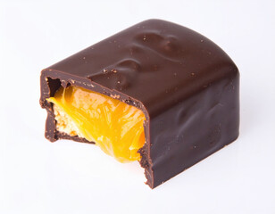 Decadent chocolate bar with smooth surface, revealing bright yellow filling, evokes indulgence and delight