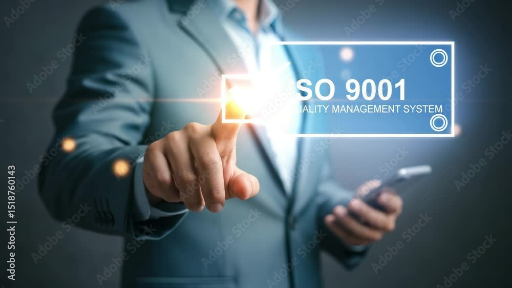 Poster Man in suit pointing at iso 9001 quality management system with phone in hand against dark background