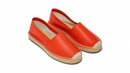 A product photo of coral-red leather espadrille shoes against a pure white background.