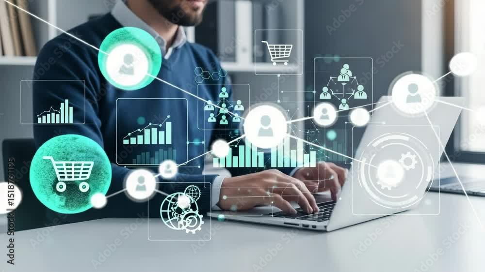 Poster man in blue sweater using laptop with digital business icons overlayed on the screen view