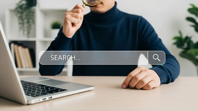 Person holding magnifying glass over search bar near laptop on a desk in a bright room