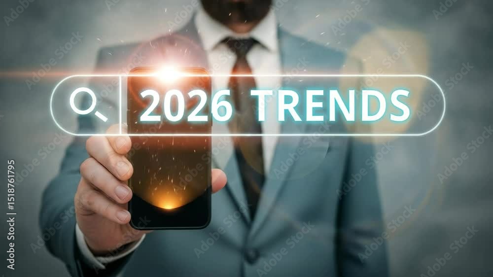 Poster Man in suit holding phone displaying search bar for trends in the year twenty twenty six